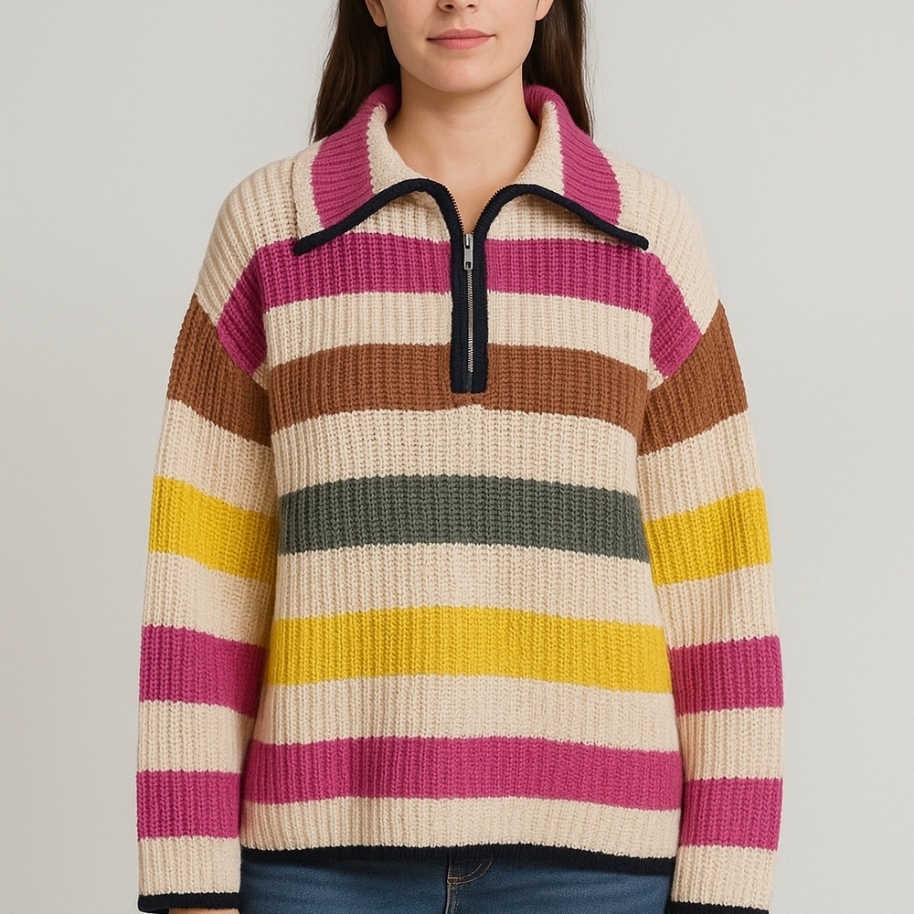 Free Assembly Women's Multicolor Striped Half-Zip Ribbed Sweater Size M – Retro